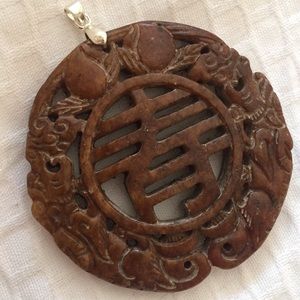 Huge solid carved stone sterling necklace pendant